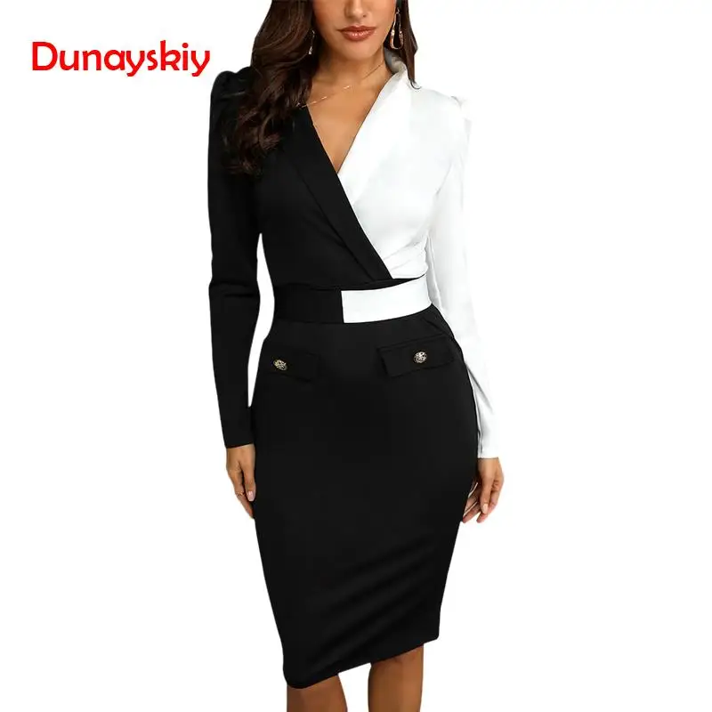 

2019 Women Elegant Office Fake Pocket Workwear Dress Party Contrast Color Two Tone Metallic Button Blazers New Midi Dress