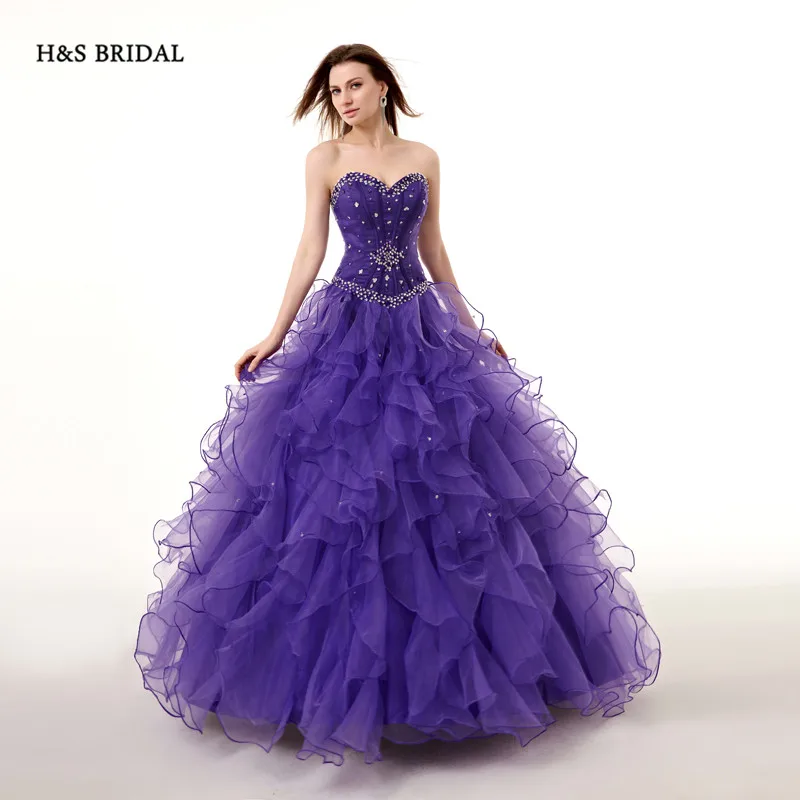 Prom dresses Quinceanera dresses Purple Organza Ball Gown Sequins Beaded Shinny Sweet 15 Robe de Soiree H&S BRIDAL