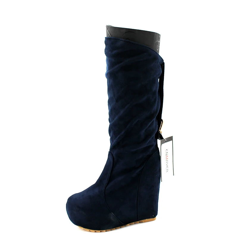 ENMAYER/Новые осенне-зимние модные женские ботинки до середины икры, клинья флок ботинки с круглым носком женские черные, красные, BlueShoes