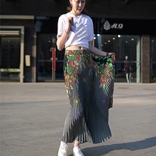 Цветочные небесно-европейские и американские новые модные высококачественные юбки женские черные с высокой талией средней длины плиссированные юбки женские юбки