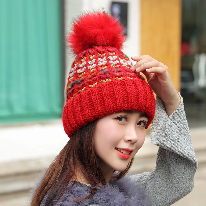 

New Fashion Hat Autumn Winter Cute Warm Knit Cap Light Board Flower Color Mixed Peak Wool