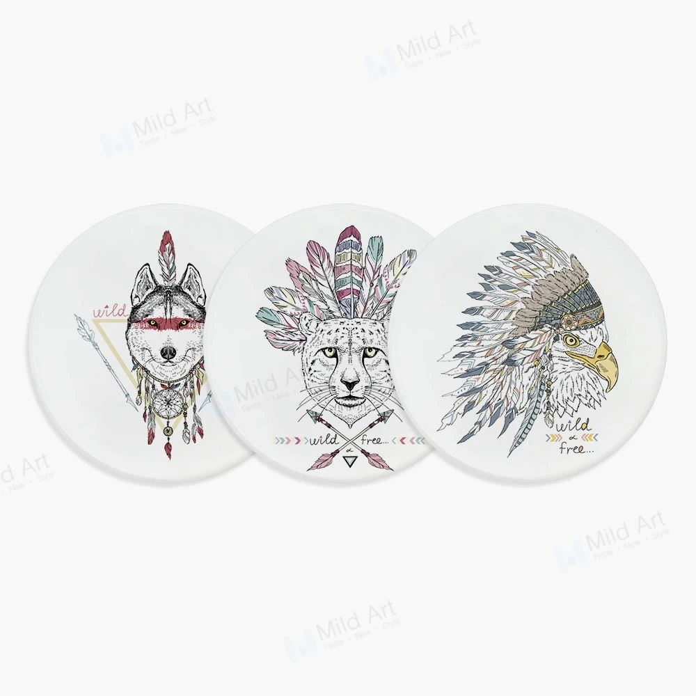 

Indian Hipster Animals Cute Kawaii Hippie Panda Cat Eagle Wolf Ceramic Bar Coaster Creative Gift Kitchen Accessories Pad Mat Set