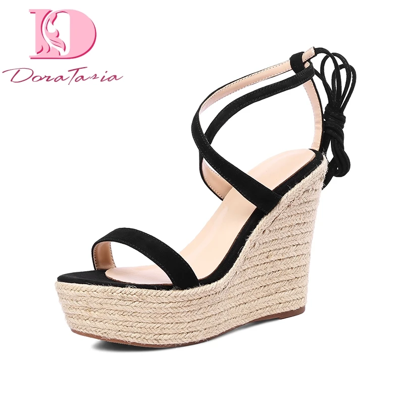 

DoraTasia Kid Suede Genuine Leather Wedges High Heel Woman Shoes Cross Strap Solid Rome Women Shoes Summer Sandals
