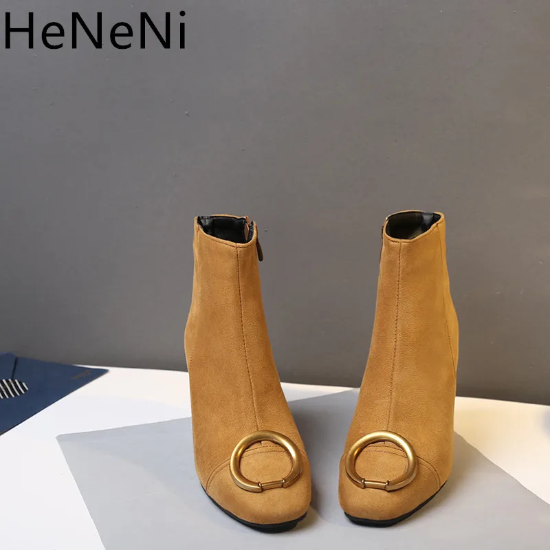 

Fashion Women Boots Autumn winter High Heels Shoes Female Metal decoration Square toe Suede Women Ankle Boots Plus size 32-48