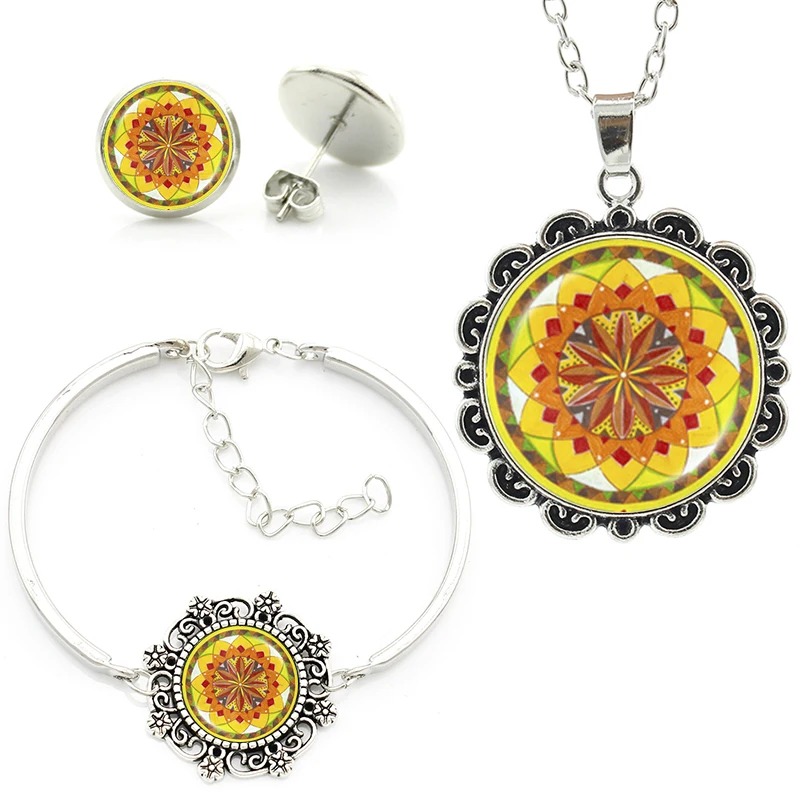 

Bright colar buddhism lotus yellow mandala big necklace earrings bracelet sets sister friends Christmas gifts jewelry sets HT094