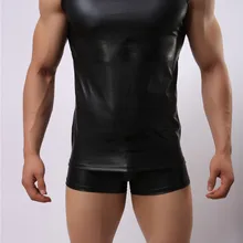 Новое поступление, мужской сексуальный кожаный жилет, мужской сексуальный жилет, искусственная кожа, Одноцветный черный цвет, мужские майки, нижнее белье, тонкая одежда для геев