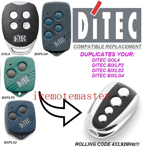 DITEC совместимый пульт дистанционного управления для GOL4, BIXLP2, BIXLS2, BIXLG4 прокатный код 433,92 МГц для замены
