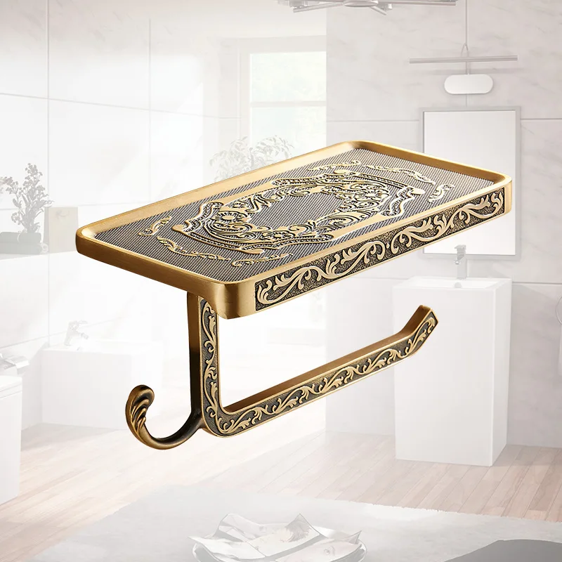 Preise Bad Regale Antik Carving Wc Rolle Papier Rack mit Telefon Regal Wand Montiert Bad Papier Halter Haken Nützlich WF1018