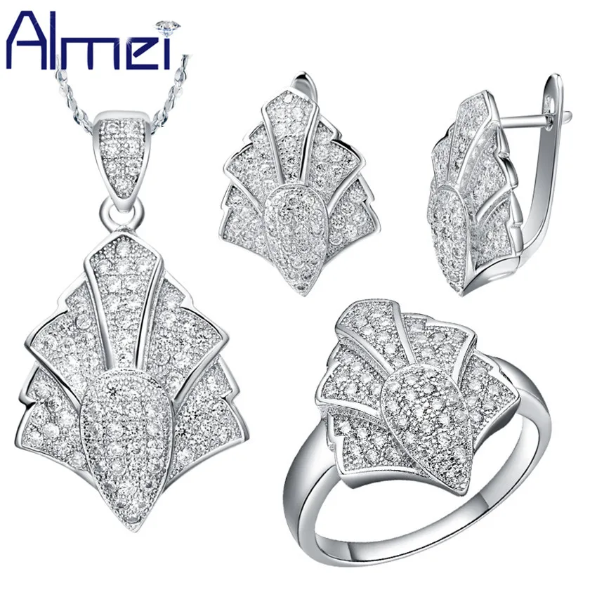 Almei индийские свадебные модные ювелирные изделия с фианитом наборы винтажное уникальное ожерелье серьги женское серебряное кольцо с микропаве лист T049