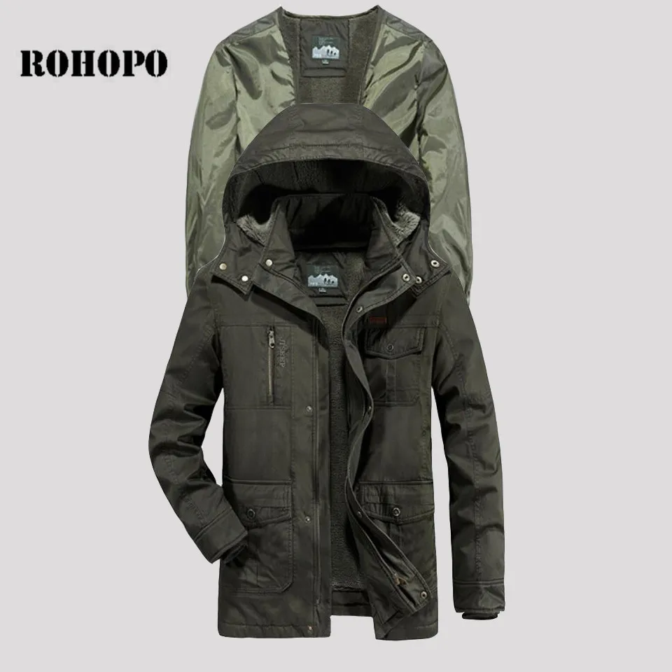 

ROHOPO Parkas Cotton Top Warm coat Soft Shell Fleece Liner 100% Cotton Parkas Jacket Man Military Wide Waist Pockets Parka men