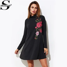 Sheinside вышитый цветок патч качели платье-майка черные высокие Средства ухода за кожей шеи с длинным рукавом линии Обычная Платья для женщин осень Повседневное Платья для женщин
