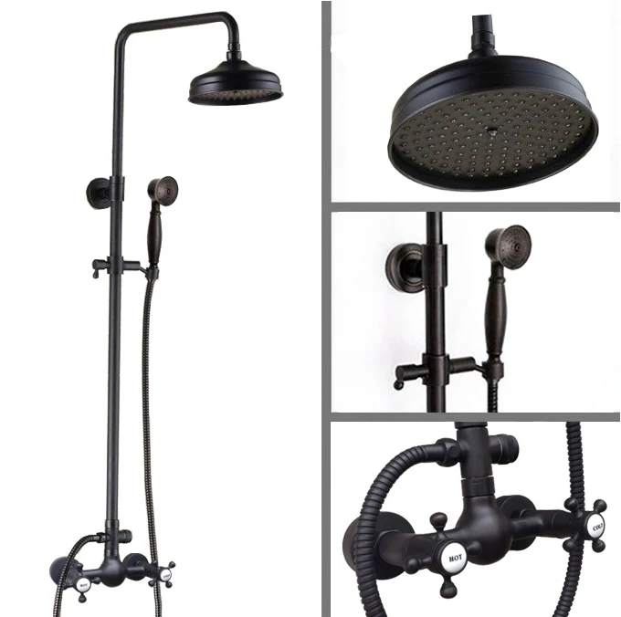 

Black Oil Rubbed Brass Dual Cross Handles Bathroom 8 Inch Round Rain Shower Faucet Set Bath Mixer Tap Hand Shower mrs497