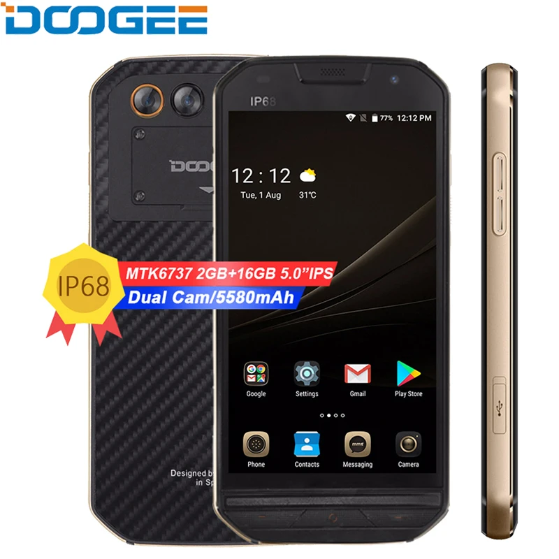 

DOOGEE S30 IP68 Waterproof Mobile Phone 5580mAh Dual camera 5V/2A 5.0"HD Android 7.0 2GB RAM 16GB ROM Smartphone
