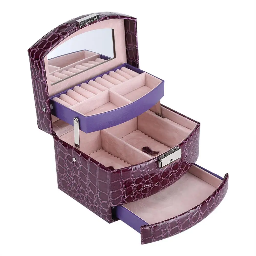 Zerodcis коробка для хранения ювелирных изделий 3 слоя ожерелье кольца серьги коробка для хранения ювелирных изделий с замком макияж зеркало подарочная коробка - Цвет: Фиолетовый