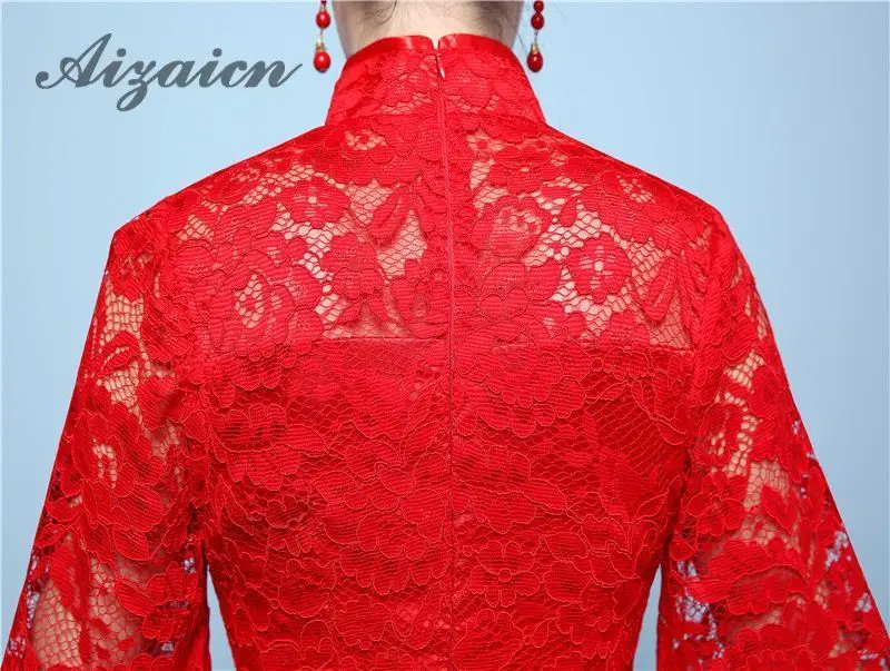 2019 Красное Кружевное невесты современный Qipao Традиционный китайский платья китайское свадебное платье Для женщин Винтаж вышивка Ципао