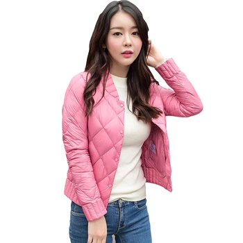 

2018 Autumn Winter New Women Solid Color Slim Thin Warm Down Jackets Argyle Single Breasted 90% White Duck Down Female Coats