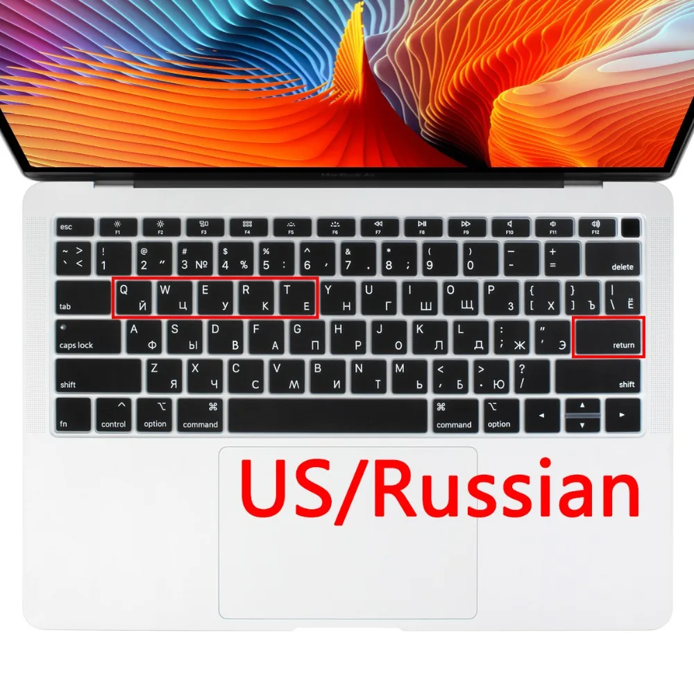 Мягкий силиконовый чехол с раскладкой русской клавиатуры для Macbook new Air 13 retina display наклейка на кириллический язык