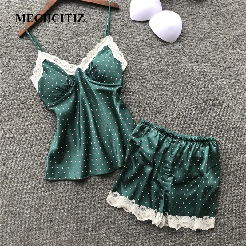 

MECHCITZIZ Sexy Pajamas Sets For Women Lace Silk Satin Pajamas Summer New Style Lingerie Spaghetti Strap Sleeveless Nightwear