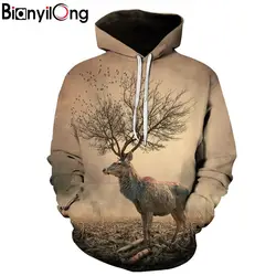 BIANYILONG 2018 Новинка; худи человек поступления Для мужчин/Для женщин 3d толстовки с капюшоном с цветочным принтом фруктов рога оленя тонкий