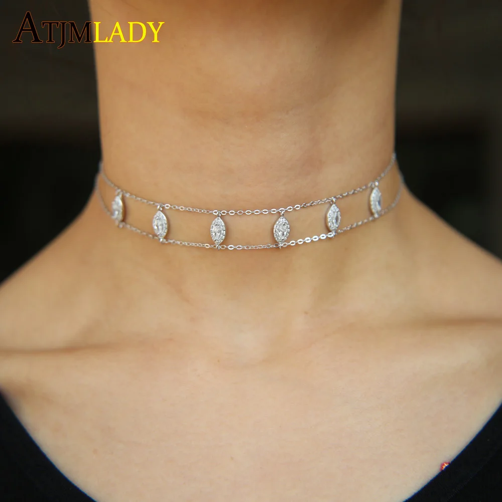 

Free Fashion Gold Short Chain Choker Necklaces For Women 925 silver clear cz two chain Chokers 2018 collier bijoux necklace