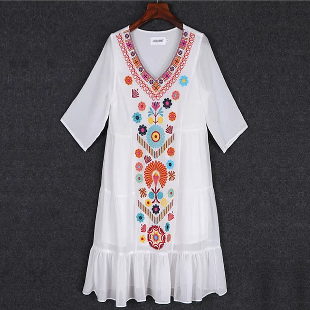 2018 Mexican Embroidered Large Size Loose Summer Short White Black 2018 Mexican Embroidered Large Size Loose Summer Short White Black Chiffon Dress Women 1720ly Free Shipping