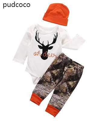 

Autumn Kids Baby Boy Girl Deer Christmas Outfits Clothes Long Sleeve Rompers Print Pants Leggings Hat 3pcs Outfits Set Clothes