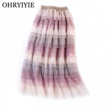 Ohryiyie женские, градиентные многоярусной юбкой Для женщин сезон: весна–лето лоскутное плиссированные женские юбки до щиколотки Длина Тюлевая юбка