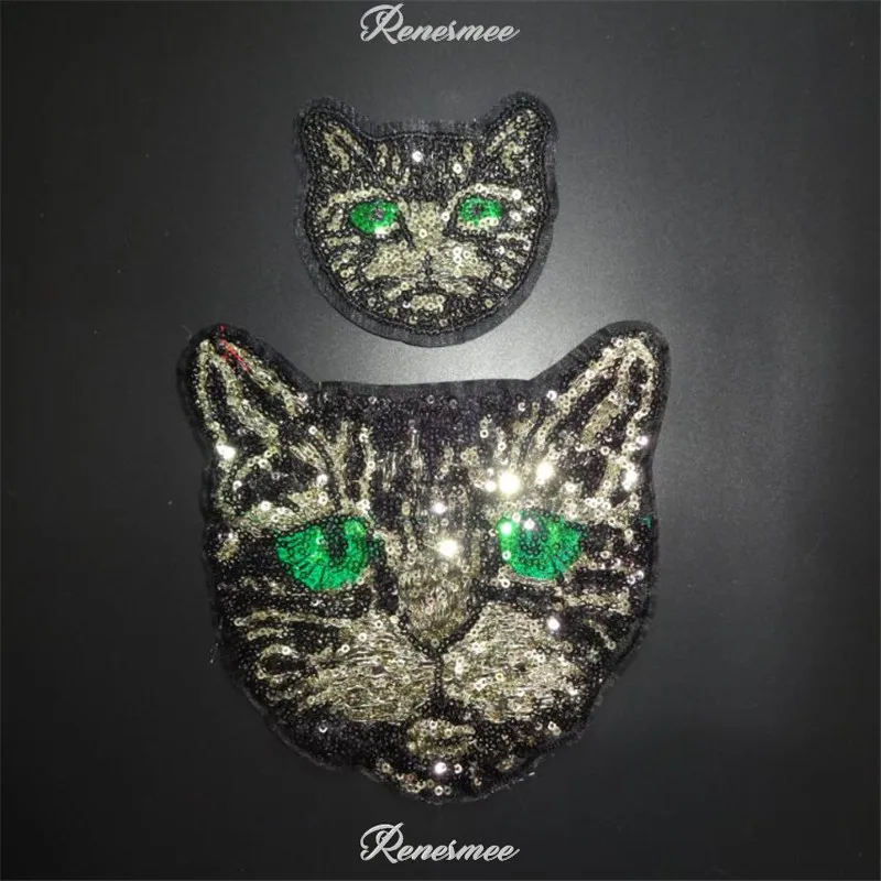 

2019 New Big Small Cat Sequins Applique Clothing Embroidery Patch Fabric Sticker Iron On Patch Craft Sewing Repair Green Color
