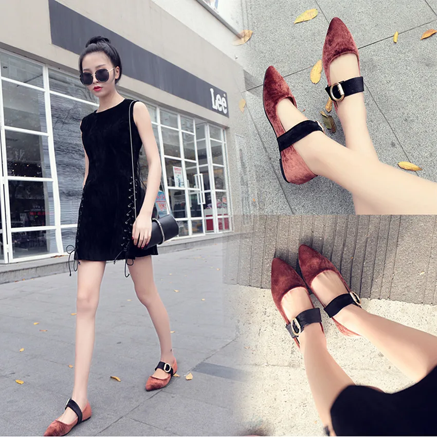 2017 Spring Summer Flat Heel Shoes Lady New Velvet Pointed Toe Flats Heel Shoes Women Vintage
