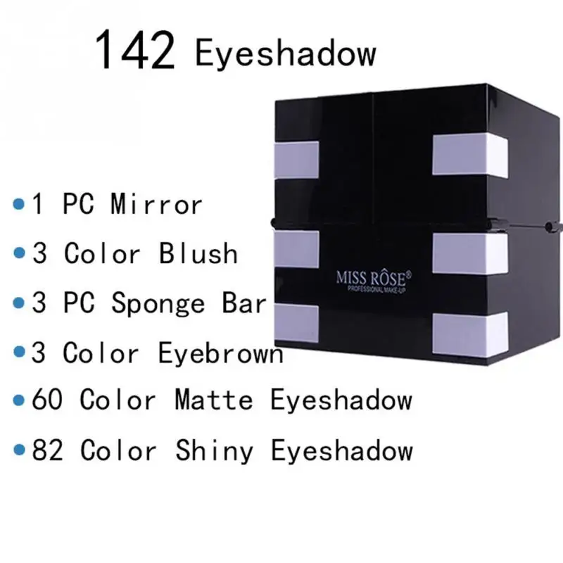 MISS ROSE, набор для макияжа, 142 цветов, долговечный, водонепроницаемый, набор для макияжа, палитра, матовая, мерцающая, блеск, тени для век, коробка для визажиста