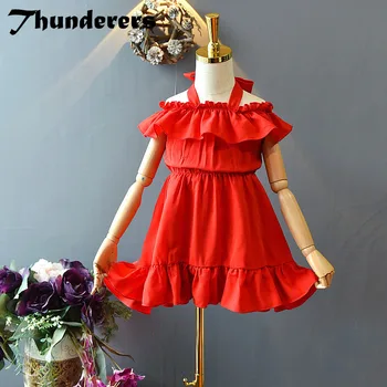 

Thunderer Summer Red Girl Party Dresses Off Shoulder Cotton Kids Princess Dresses Elegant Enfant Baby Casual Clothes 3Y-7Y