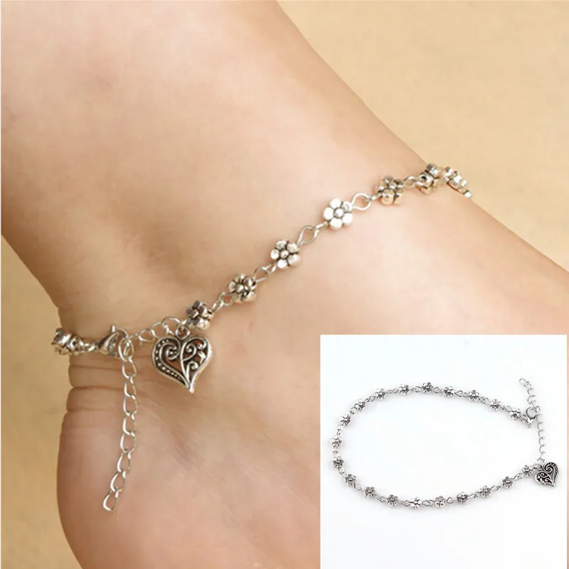 

1Pcs Flower Silver Shaped Hot Hollow Heart Plum 2017 Jewelry New Retro Anklet Beach