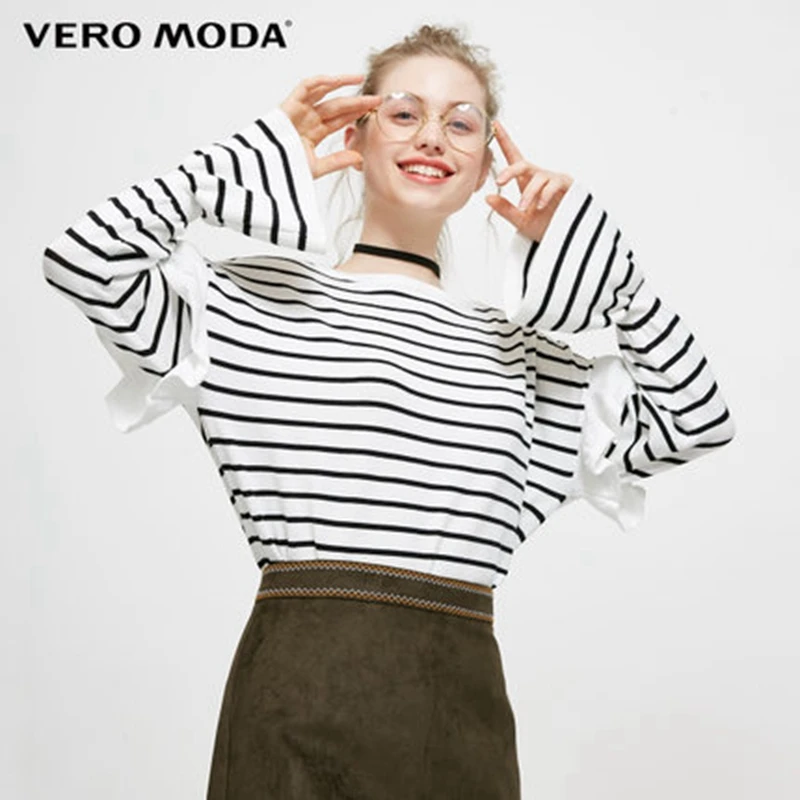 Vero Moda 2018 зимний Полосатый пуловер с рюшами мандарин рукава вязаный свитер | 317424523