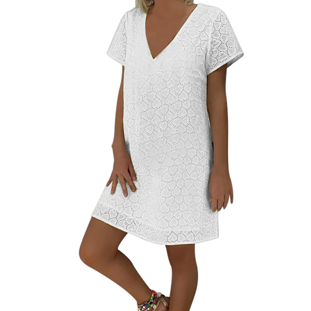 

Women Summer Dress 2019 Ladies V-neck Short Sleeve Solid Color Dress Lace Patchwork Loose Knee Length Dresses dames jurken