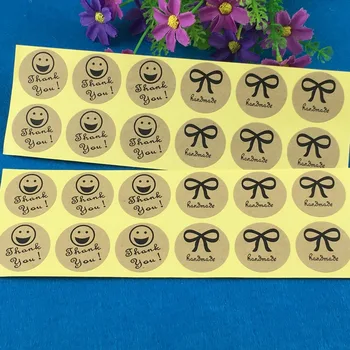 

500PC/Lot Kraft Blank Cardboard Half Smiling Face"thank you" Add Half Bowknot Pattern "Handmade"Sticker Labels Adhesive Label