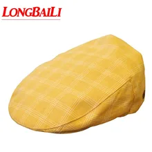 Осень хлопок желтый плед берет Шапки для Для мужчин досуг газетчик шапки без каблука Шапки PBFE009