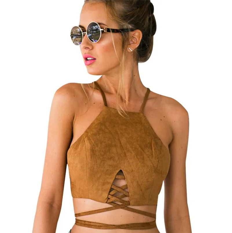 

Summer Women Vintage Brown Leather Suede Cropped Tank Top Sexy Lace Up Bustier Camis Lady Tops Slim Cami Party Crop Top Vest