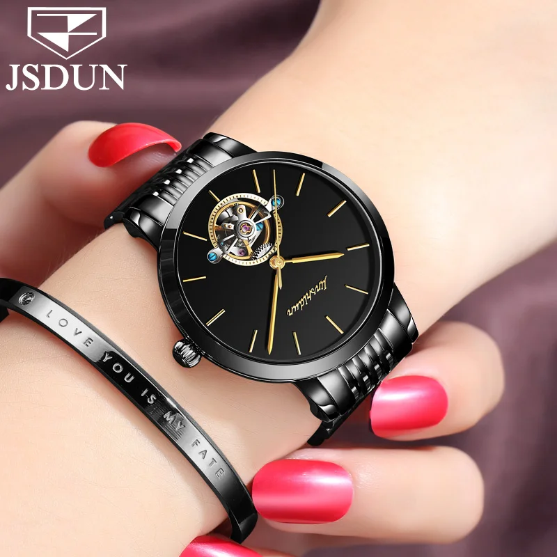 JSDUN Fashion Women Tourbillon Watch Ladies Automatic Mechanical Black
