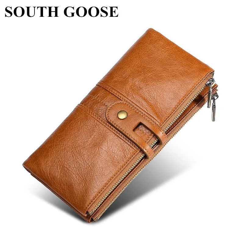 

SOUTH GOOSE Genuine Leather Women Wallets Female Long Clutch Handy Bag With Cellphone Holder RFID Anti-Theft Men Cowhide Wallets