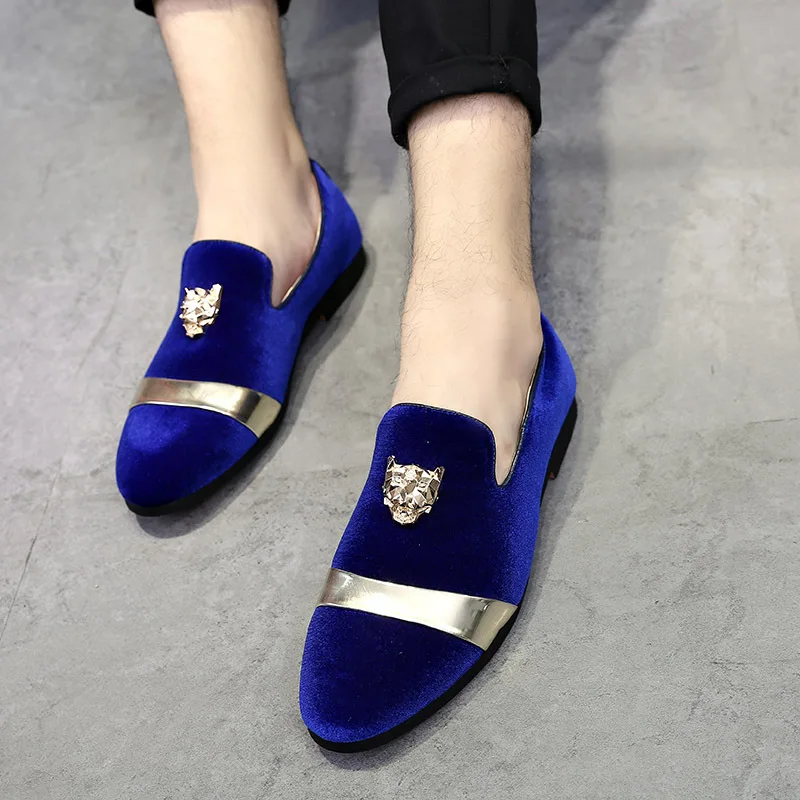 

Plus Size 48 Black Blue Velvet Loafers Spring Summer 2019 Men's Flats Casual Driving Shoes Fashion Tiger Decoration Footwear
