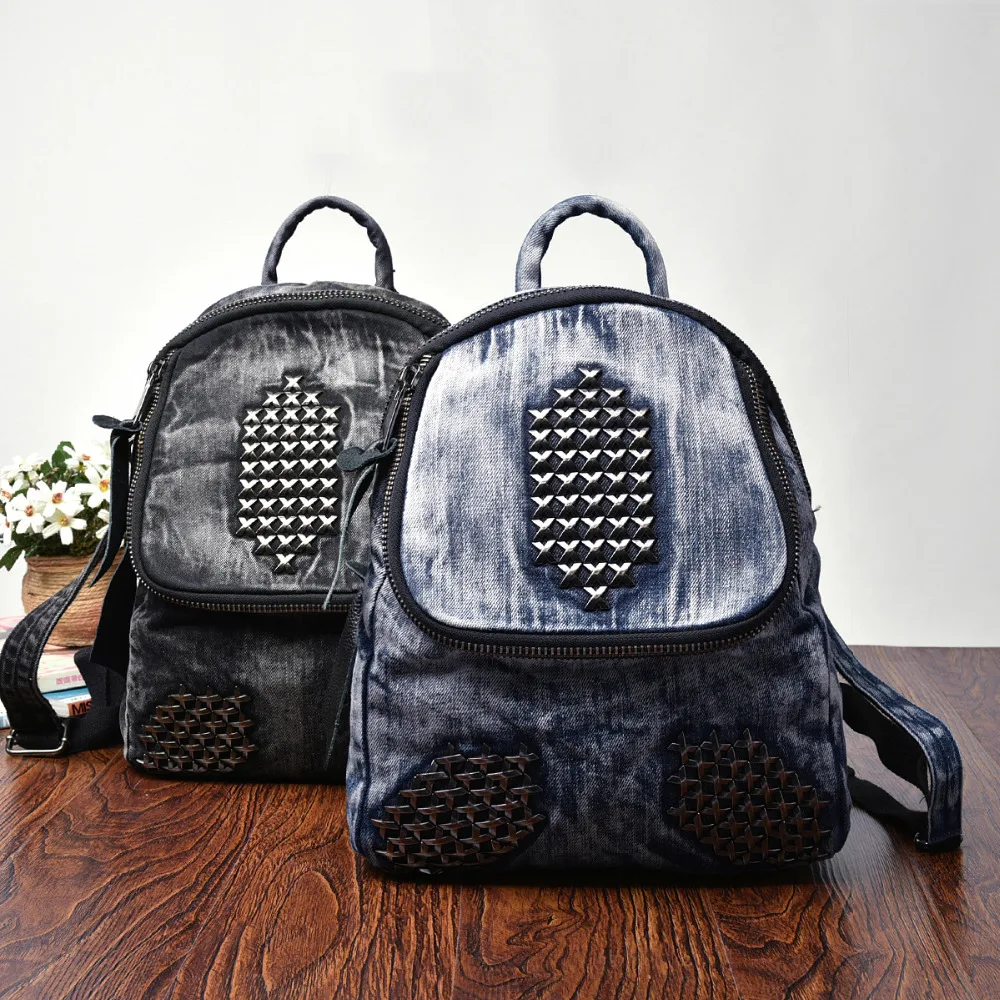 

Black Blue Fashion Casual Rivet Denim Jeans Backpacks bolsa feminina bolsos mujer Girls Women Lady Bags Female Bag
