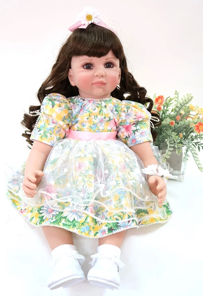 

New Arrival vinyl Silicone Reborn Baby 24 Inch Cloth Body Lifelike Baby Dolls With long Hair Girl Bebes reborn Doll Xmas Gifts