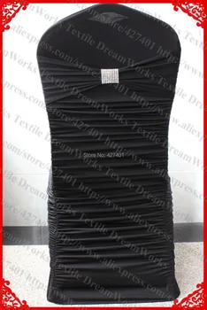 

NO.25 Black Ruffled Lycra Chair Covers With Lycra Band And Silver Diamond Mesh Buckle For Wedding Decoration & Party