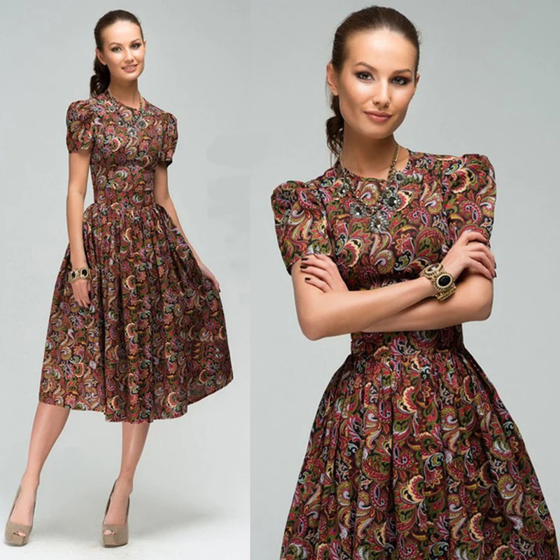 

Women Vintage Elegant Flower Printed Party Dress Short Sleeve O neck A-line Mid Dress 2019 New Fashion Chic Women Dress Vestidos
