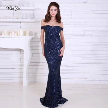 

weiyin Navy Blue Sequin Mermaid Prom Dresses Long Off Shoulder Gold Women Maxi Evening Party Gowns Special Occasion Dress WY1198