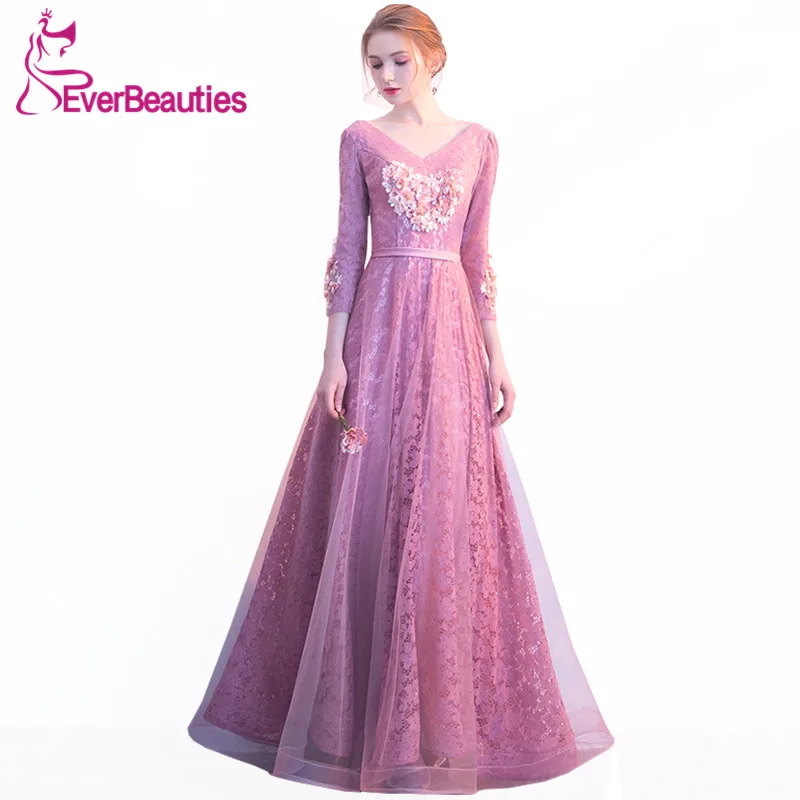 

Evening Dress Long Sleeves 2019 Tulle Appliques Flowers V-Neck Prom Party Evening Gown abendkleider Robe De Soiree 2019