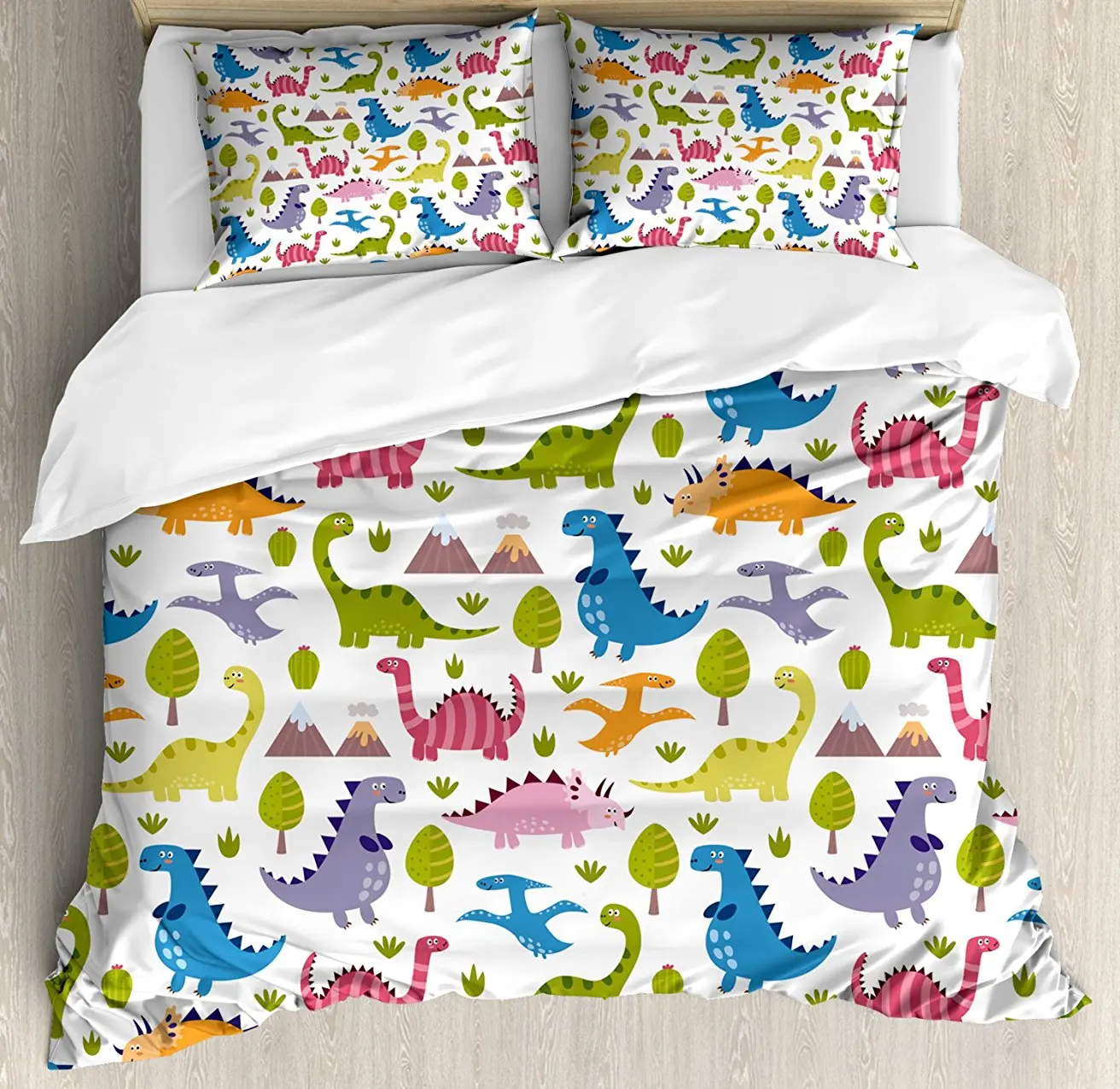 

Duvet Cover Set, Cartoon Style Colorful Lovely Dinosaurs T-Rex Triceratops Prehistoric Reptile Wildlife, 4 Piece Bedding Set