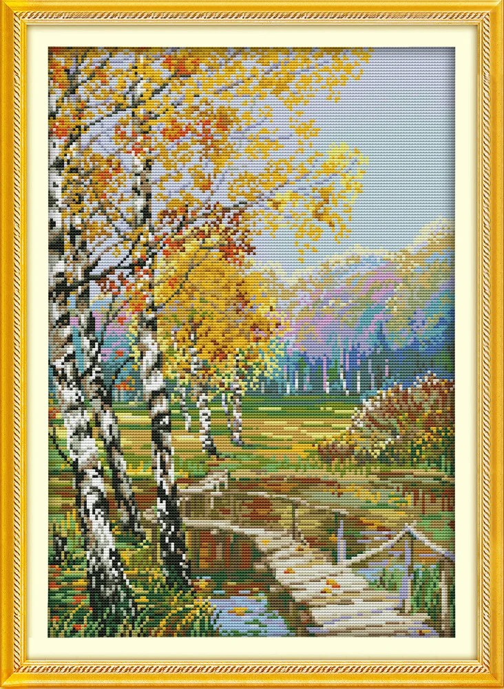 

Joy Sunday The birches in autumn DMC threads Chinese Cross Stitch Kits printed Cross-stitch set Embroidery Needlework