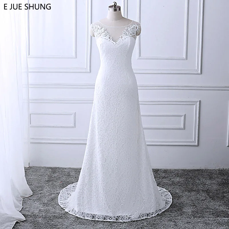 

E JUE SHUNG White Vintage Lace A-line Cheap Beach Wedding Dresses Appliques Beading 2018 Boho Bridal Dress Wedding Gowns