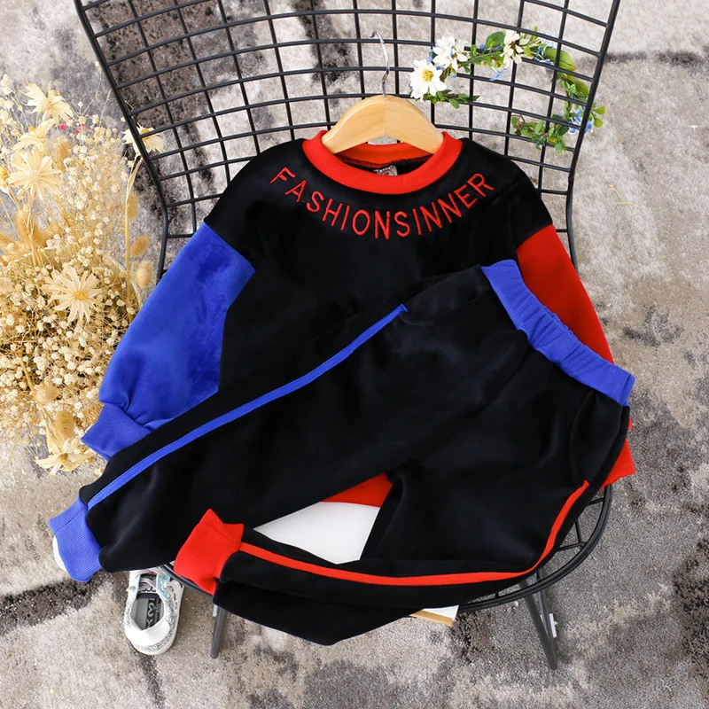 

Sweatshirt+pants 2pcs winter boys clothes letter print collar boys clothes set Hit colorc hildren clothing thick kids outfits